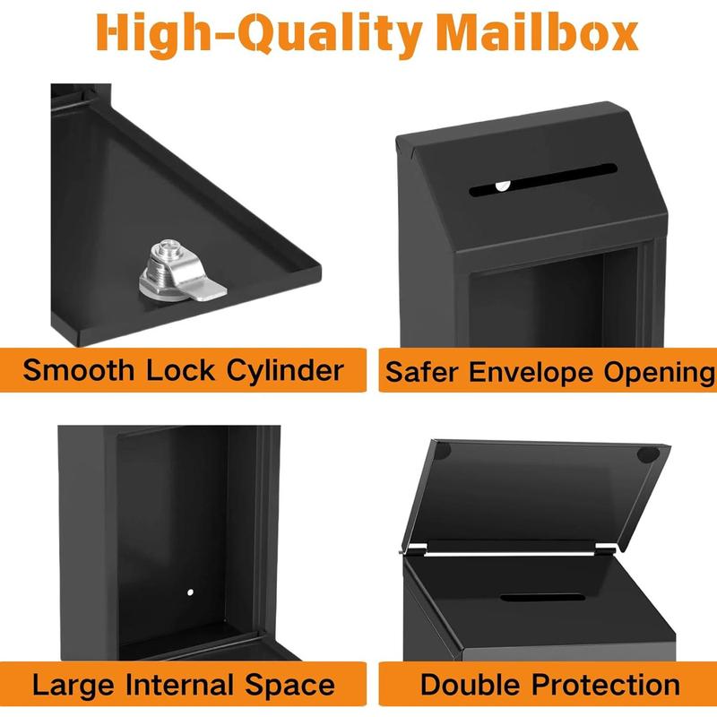 Metal Donation Box Collection Box Safe Suggestion Drop Box with Lock Wall Mounted Mailbox with Rain Cover Delivery Ballot Box with Slot for Outside  Office (Black)