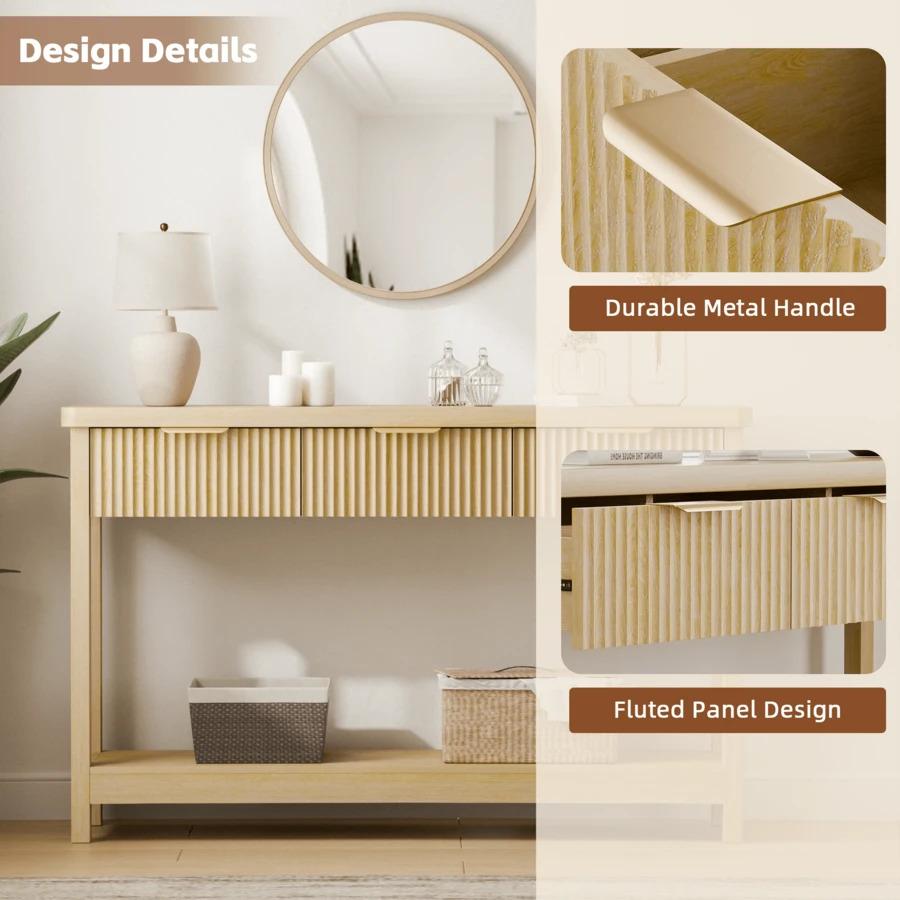 Furniture Fluted Console Table with Drawers, Modern 47.1" Entryway Table with Storage Shelf, Boho Narrow Skinny Behind Couch Wood Sofa Table for Living Room Hallway Entrance Foyer