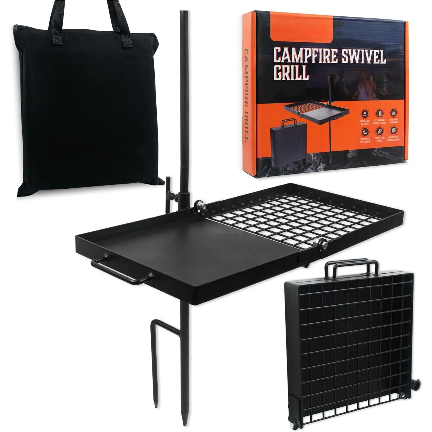 24" Heavy Duty Folding Campfire Grill, Compact Swivel Grill Design, Food-Safe Cooking Surface, Grate & Griddle  Campfire Cooking, Australian Owned
