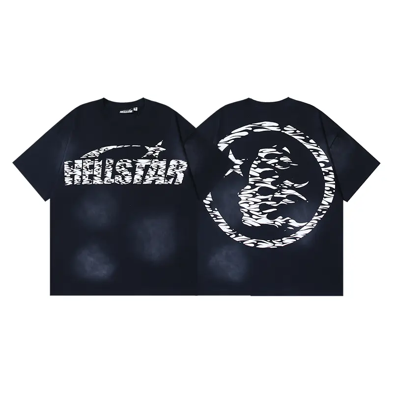 Hellstar Unisex Oversized Short-Sleeve Sports T-Shirt - Black Vintage Faded Wash Crew Neck, Front Text Star Logo, Back Swirl Flame Circle Graphic, Hip-Hop Streetwear Casual Top for Daily Outfits