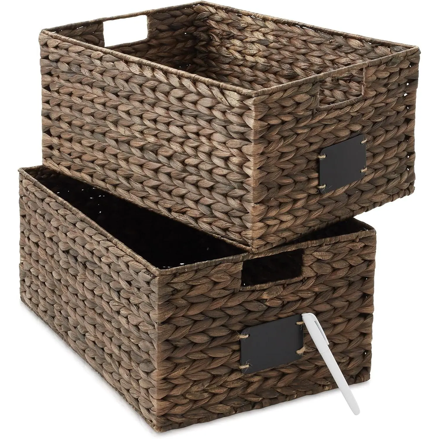 2-Pack Espresso Water Hyacinth Pantry Organizer Basket Set, 12.5"x17"x8" with Chalkboard Labels - Home Organization Shelf Organizers for Kitchen Storage
