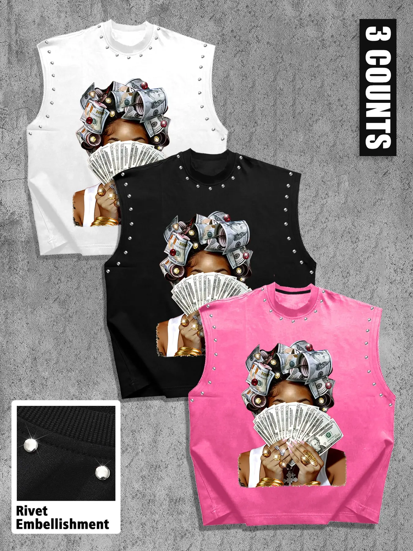 Summer Unisex Casual Tank Top Set, Graphic Print + Rivet Design, Round Neck Loose Fit, Multiple Colors, Fitness & Streetwear