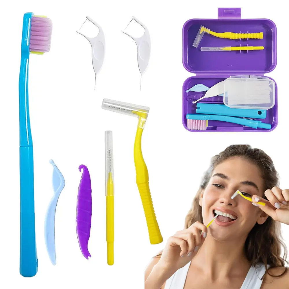 6‑in‑1 Orthodontic Oral Care Kit with Portable Case, Detachable Soft Bristle Toothbrush, Interdental Brush, Floss Pick, Toothpick Brush, Dental Wax with Cutter & Elastic Hook, Braces Cleaning Hygiene Set for Daily and Travel Use (Purple)