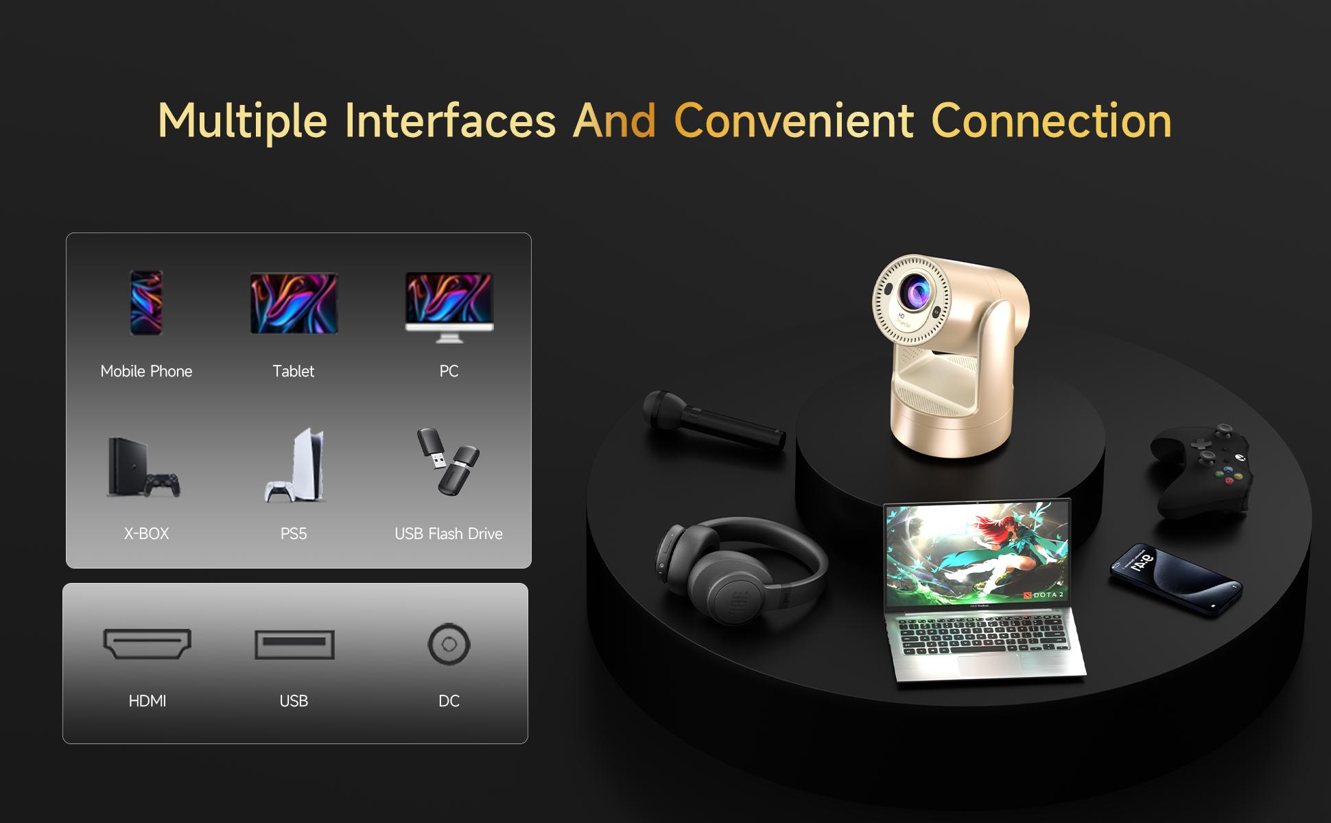 With batteries Rechargeable Mini Android Outdoor projector, 800ANSI native 1080P resolution, auto focus and auto trapezoidal correction, 200-inch screen WiFi6 bt5.2 multi-functional UHD outdoor entertainment projector.