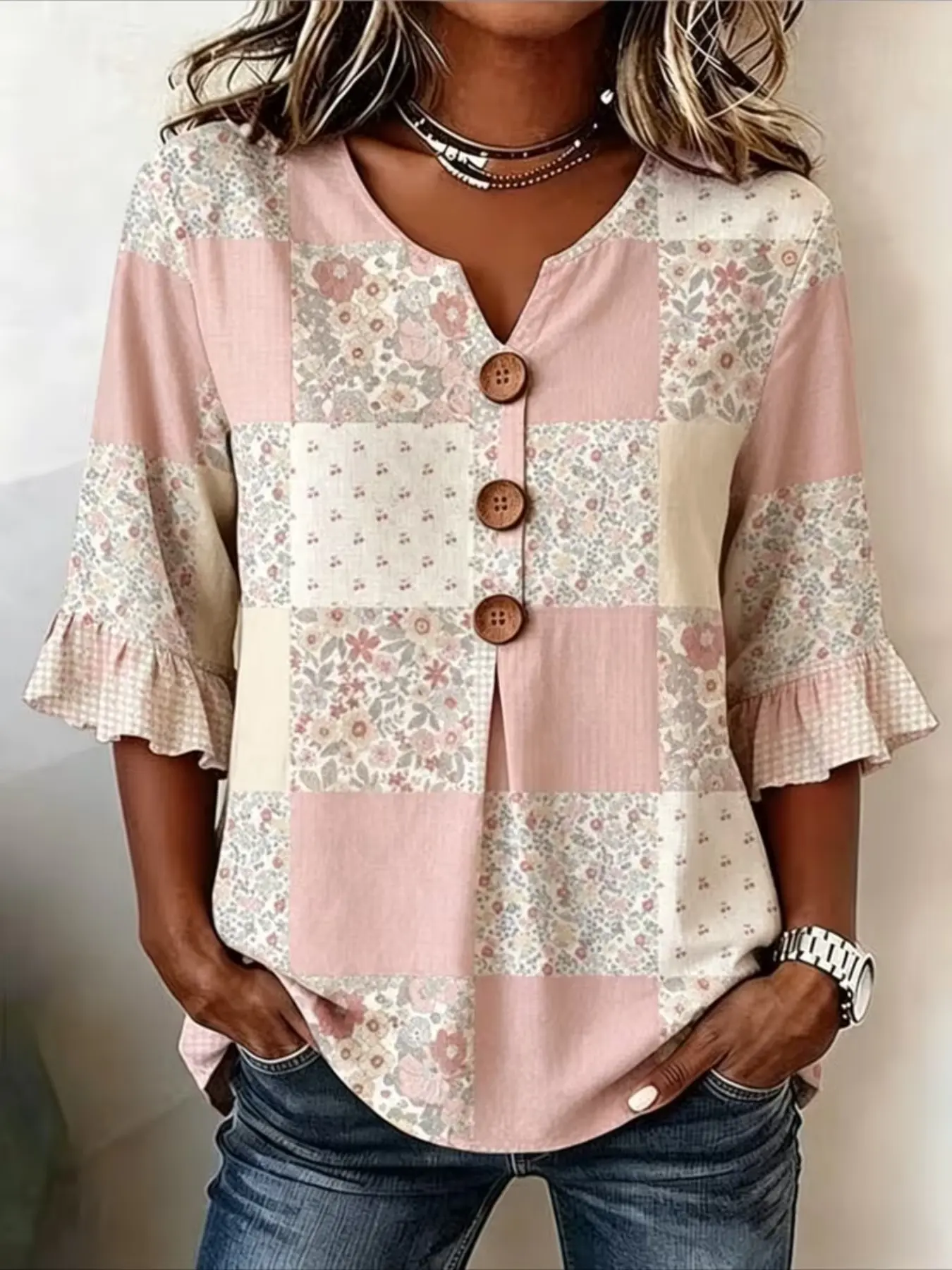 Women Sublimation Blouse Loose Fit Notch V Neck 3/4 Ruffle Flare Sleeve Patchwork Floral Plaid Print Decorative Wood Button Lightweight Casual Bohemian Tunic Top for Daily Wear Weekend Holiday