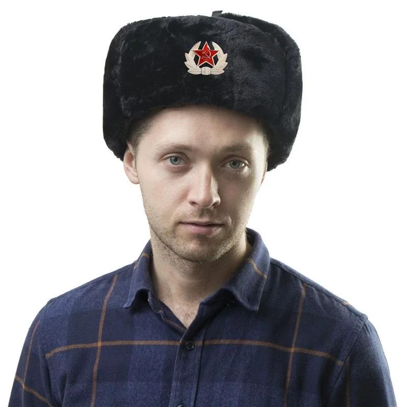 Men's Winter Soviet Badge Lei Feng Hats Russian Ushanka Hat Outdoor Warm Thicken Faux Rabbit Fur Windproof Snow Caps