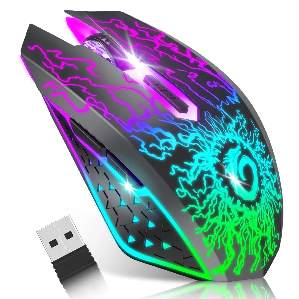Gaming , Rechargeable   Mice with Colorful LED Lights, Silent Click, 2.4G USB Nano Receiver, 3 Level DPI for PC Gamer Laptop Desktop Chromebook -Black
