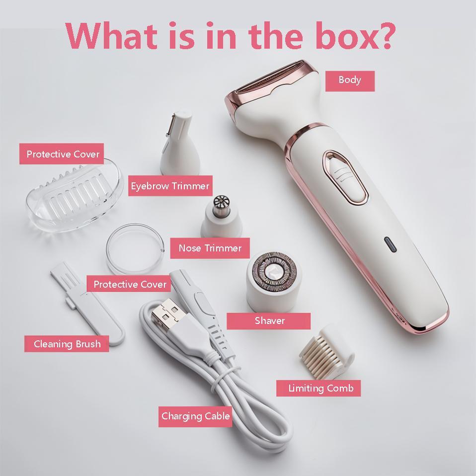 4 in 1 Electric Shaver, 1 Box USB Rechargeable Hair Removal Tool with Replacement Heads, Gentle Hair Removal Tool for Face, Eyebrow, Nose, Arm, Leg, Body, Rechargeable Shaver Machine, Shaving Machine, Personal Care Appliances