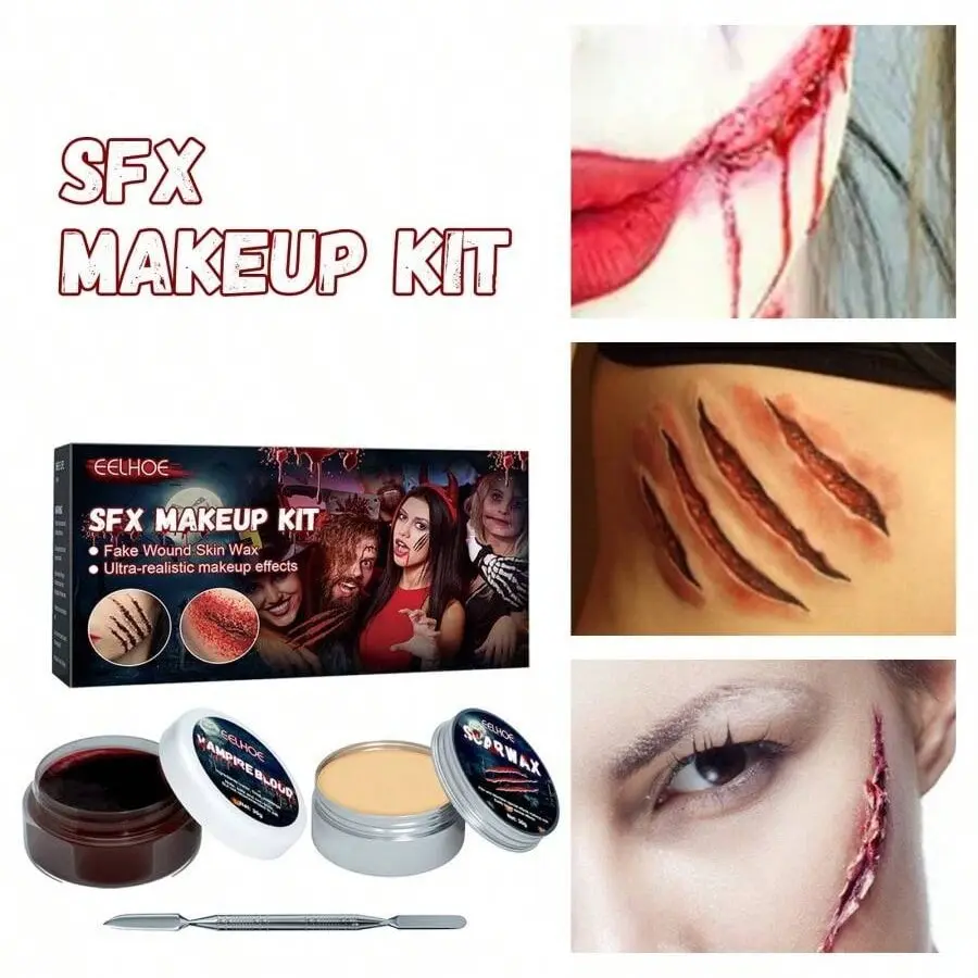 1pcs Sfx Makeup Kit, Fake Wound Skin Wax & Fake Blood Gel, Special Effects Eerie Dramatic Makeup Set, Halloween Zombie Vampire Scar Makeup, Cosplay Party