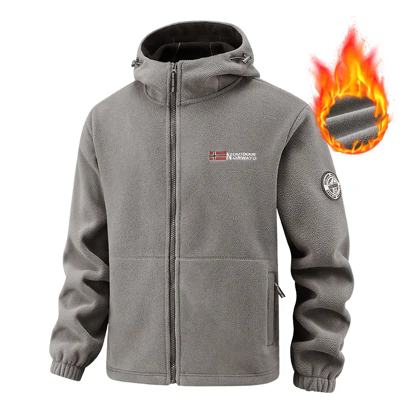Men's Heavyweight Polar Fleece Jacket - Stylish Long Sleeve Thermal Tops with Full Zip Hood and Norway Flag Patch for Outdoor Hiking menswear top, Outfits