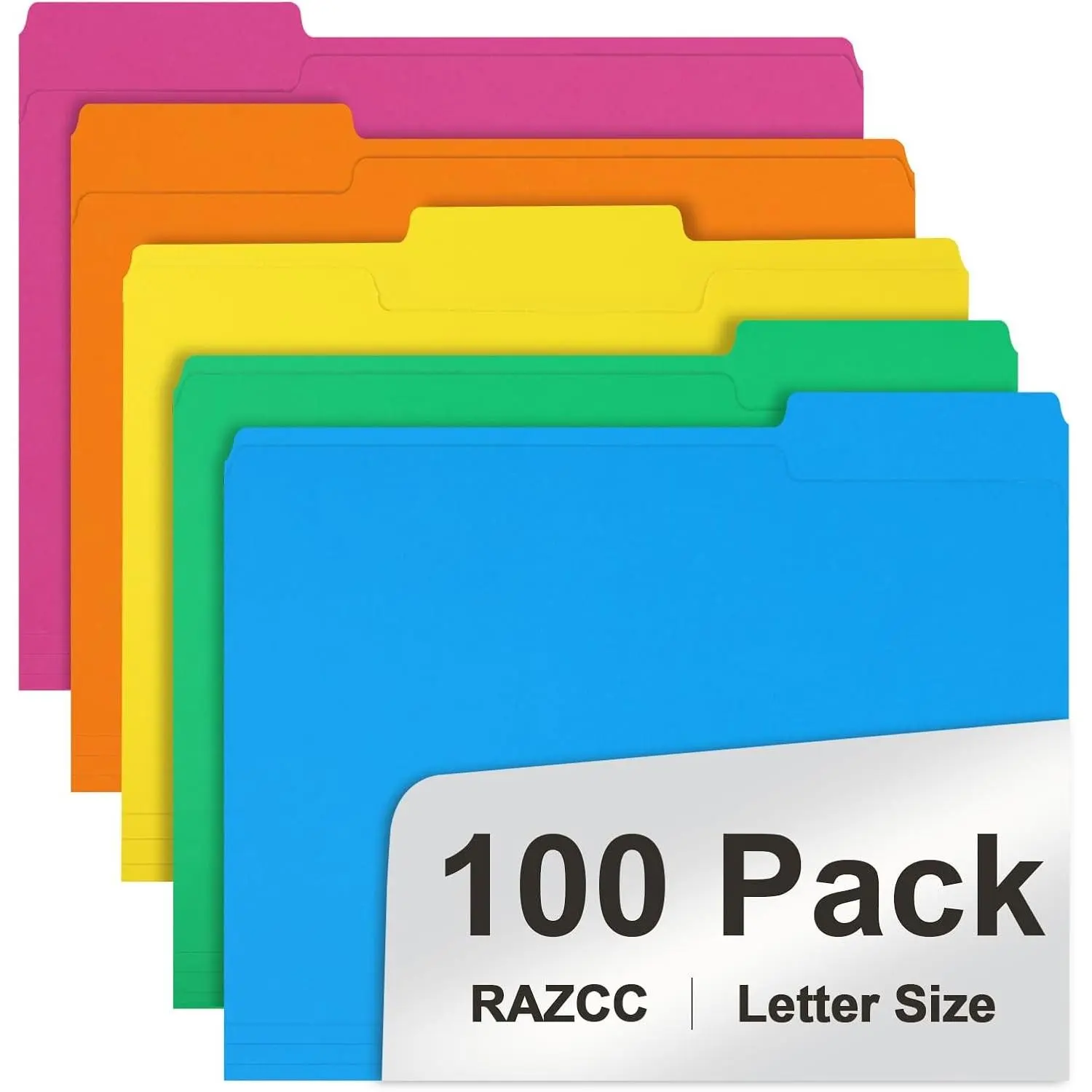 File Folder, 100 Pack 1/3 Cut Tab Colored File Folders, File Folder Letter Size for Office Classroom Use, Assorted 5 Colors Folders with Tabs