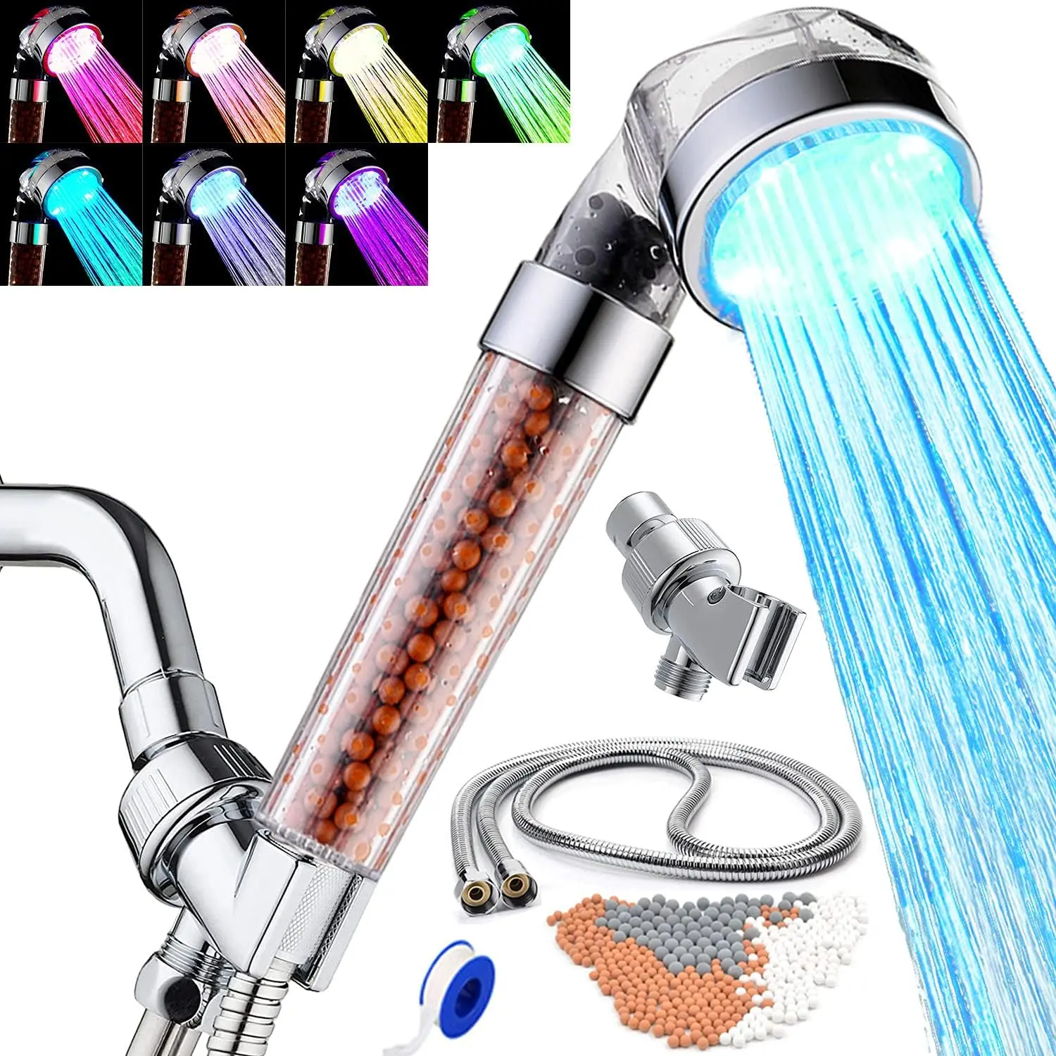 LED Shower  Handheld with Hose, Filter and Shower Bracket,Rainfall 7 Colors Changing High   Filter Showerheads  Lights for Hard Water