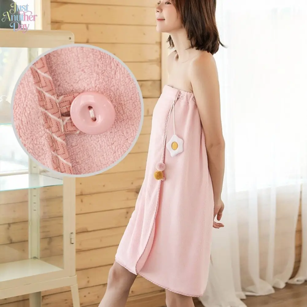 Cute Strapless Wearable Bath Towel Wrap Dress, Soft Coral Fleece Bath Skirt with Anti-slip Button & Pom Pom Decor, Lightweight Quick Dry Bathrobe for Shower, Spa & Home Use