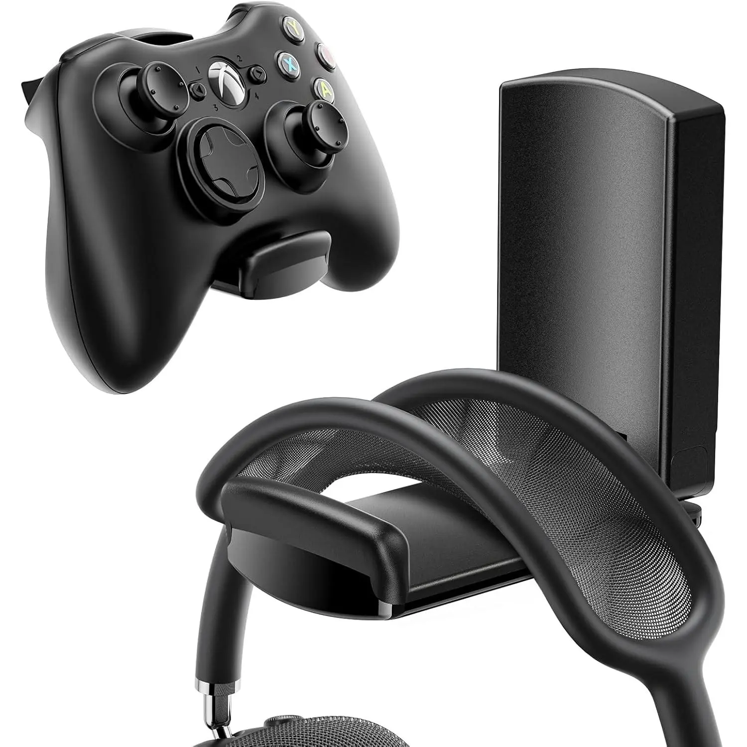 Black Durable Foldable Sticky Headphone Stand-Holder, Upgraded Adhesive Mount Desk Gaming Accessory with Rubber Pads for Headset & Controller Protection, Plastic Christmas Stocking Stuffer for Happy Birthday Gifts