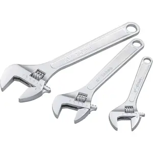Adjustable Wrench Set, features both imperial and metric scales, heat-treated carbon steel with chrome plating, wide-mouth wrench suitable for home, plumbing, and garage use