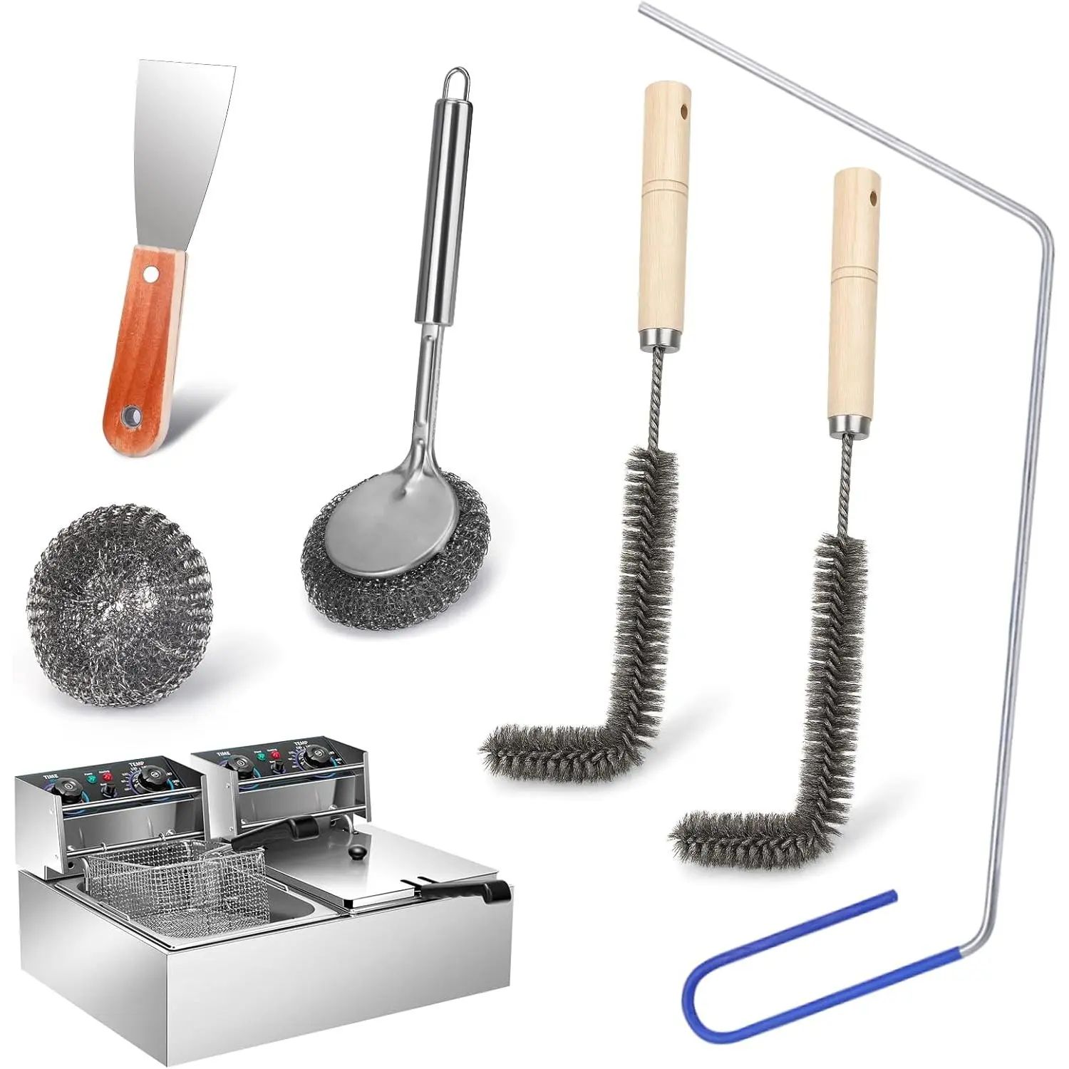 Large Commercial Fryer Cleaning Tools,6 Pcs Stainless Steel Electric Deep Fryer Cleaner Brush for Restaurants,Hotel Kitchen Fryers Deep Cleaning Accessories
