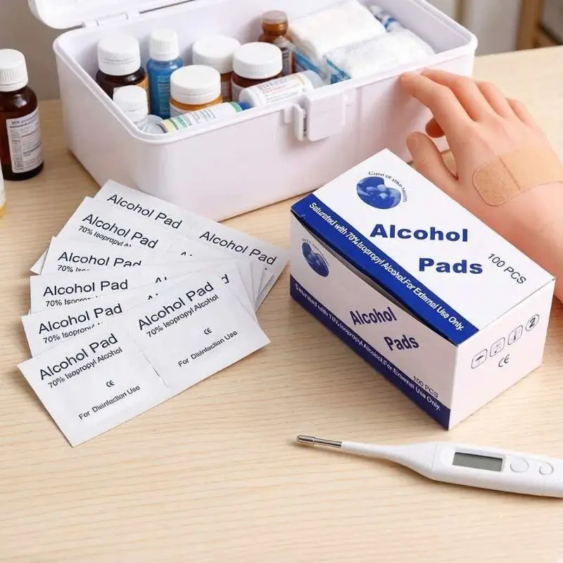 First aid kit essential, 75% alcohol swabs in individual packaging, skin wound disinfection and cleaning supplies, Wound care supplies, standard item for home medical kits, essen for war and disasters, daily disinfection