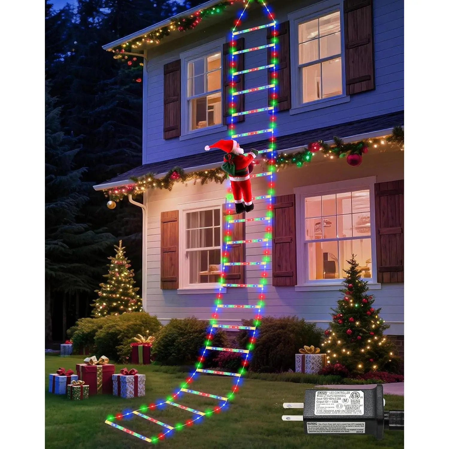 338 LED Multicolor Christmas Lights Outdoor Indoor Decorations | Plug in 10FT Christmas Ladder Lights with Santa Claus, 8 Modes Xmas Tree Lights for  Yard Decor