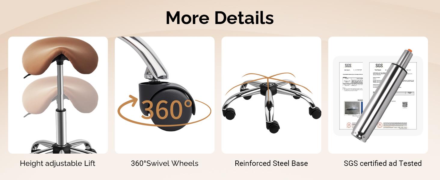 OmySalon Adjustable Saddle Stool with Footrest, Hydraulic Rolling Salon Chair, 360° Swivel Wheels Ergonomic Stool for Hair Stylists, Tattoo Artists, Office, Spa, Massage, Dental