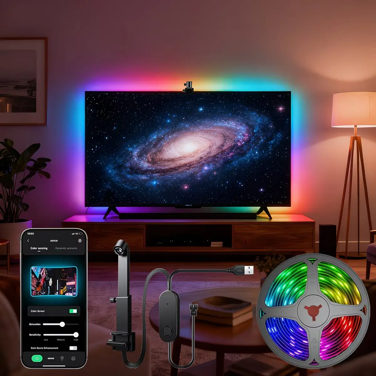 Smart RGB LED TV Backlight Lamp 16.5ft/5m, APP & Music Sync, Addressable Rgbic Leds, Dynamic Color Change, Cuttable, Home Decor, Gaming, Room Ambiance, Dynamic Led Lights