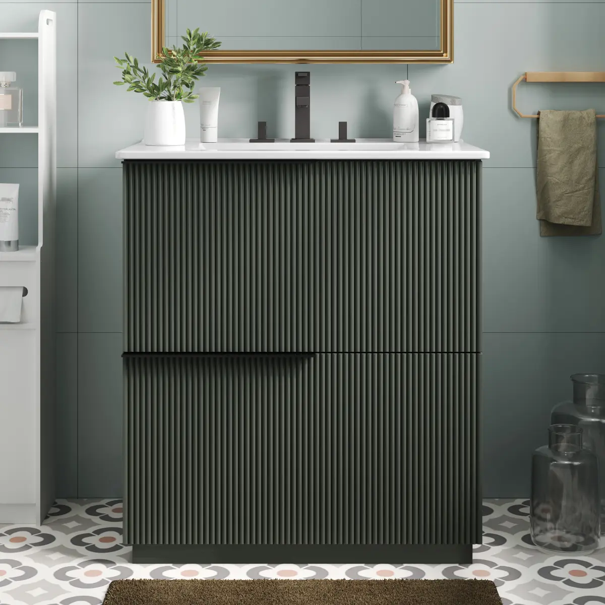 Aobtkel Christopher Knight Home® 30" Reinforced Bathroom Vanity with Ceramic Sink, Full-Extension Soft-Close Undermount Drawer Slides, Fluted Design, Green