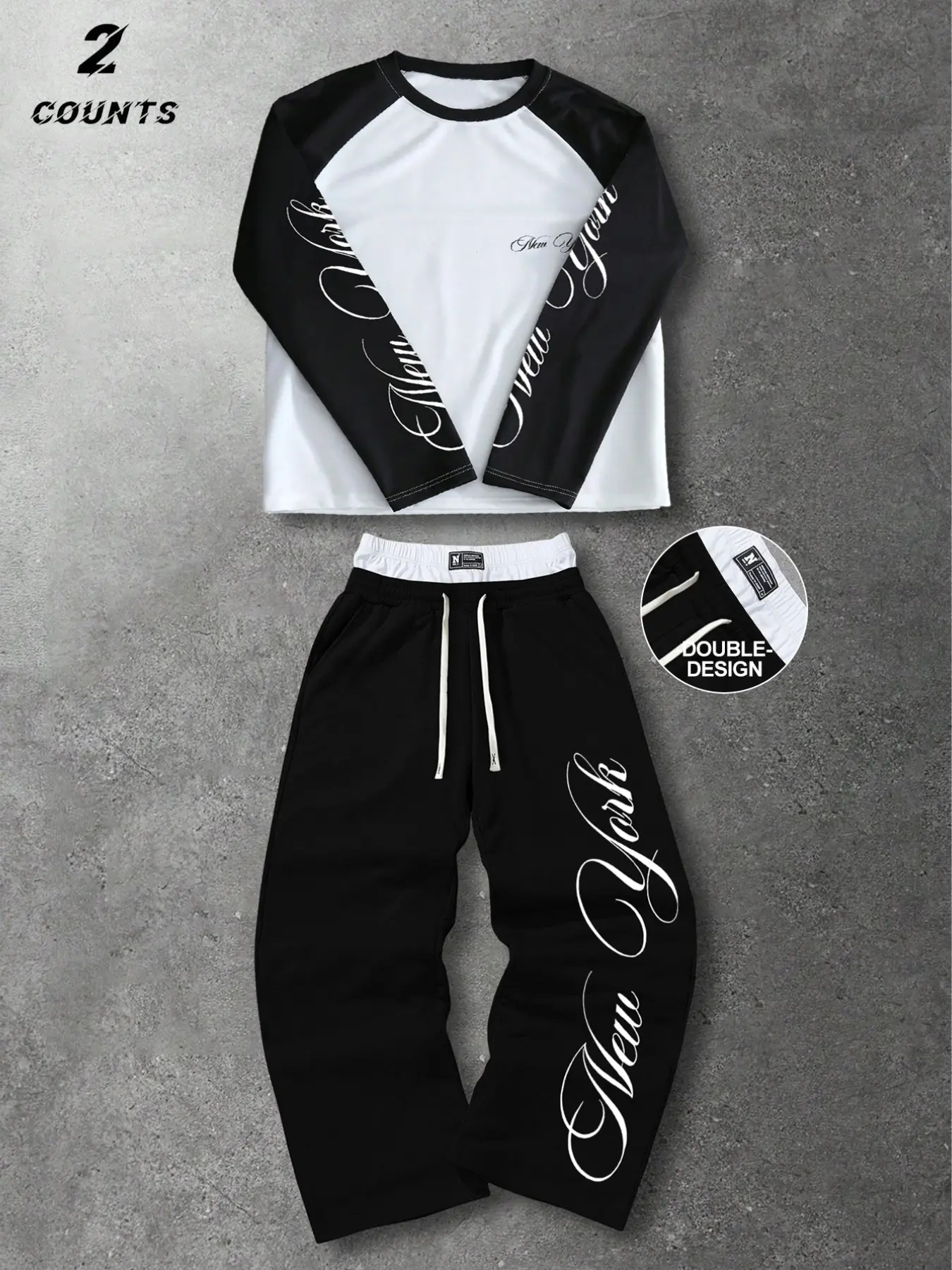 Unisex 2 Piece Streetwear Tracksuit Set Colorblock Raglan Long Sleeve Tee and Double Waistband Wide Leg Sweatpants Letter Print Y2K Casual Outfit