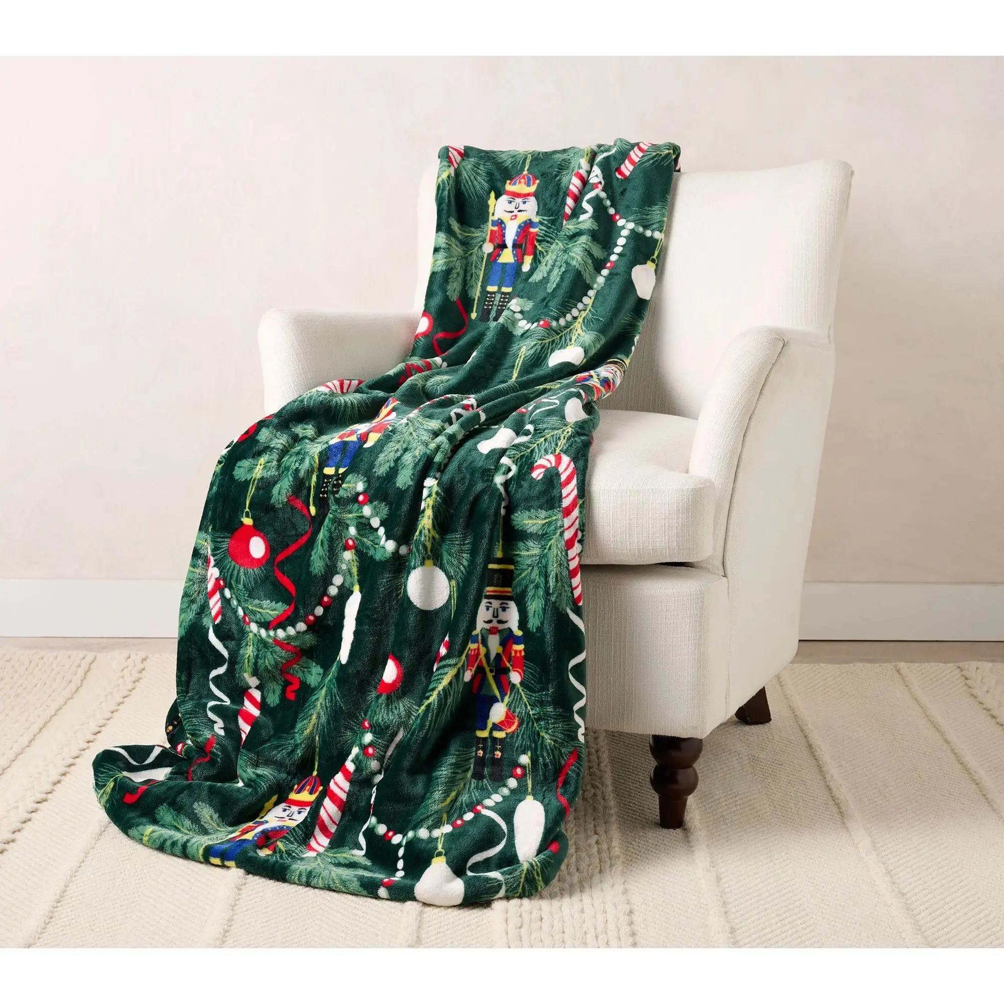 Dark Green Christmas Flannel Throw Blanket with Nutcracker-Pine Tree-Candy Cane Design, Soft Warm Sofa Bed Cover, Winter Home Decor Xmas Gift for Family