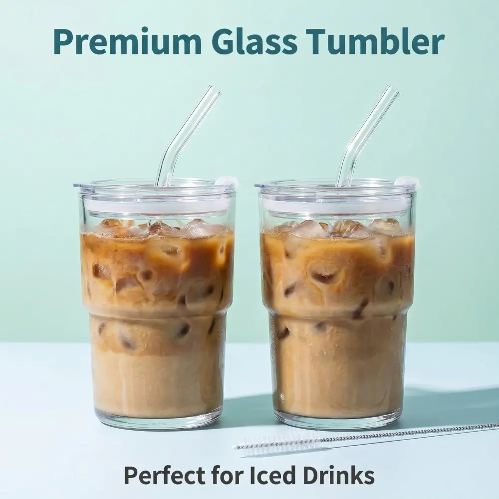 2set 15oz Glass Clear Water Cup with Straw and Lid, Sealed Portable Thick-Wall Ice Coffee Cup, Suitable for Matcha, Iced Tea, Juice, Beverage, Drinkware, Glass Tumbler with Straw and Lid