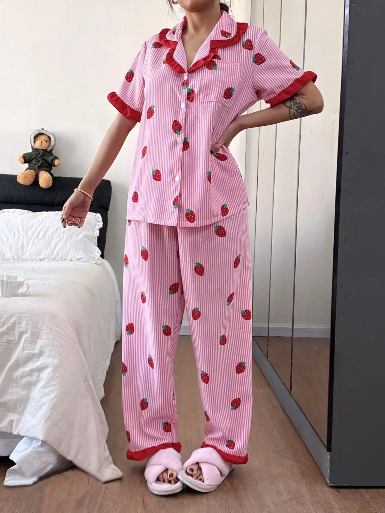 Women's Striped Strawberry Print Pajamas, Ruffle Collar Short Sleeve Button Top, Wide Leg Pants, Soft Cute Fruit Casual Home Wear, Pajama Set