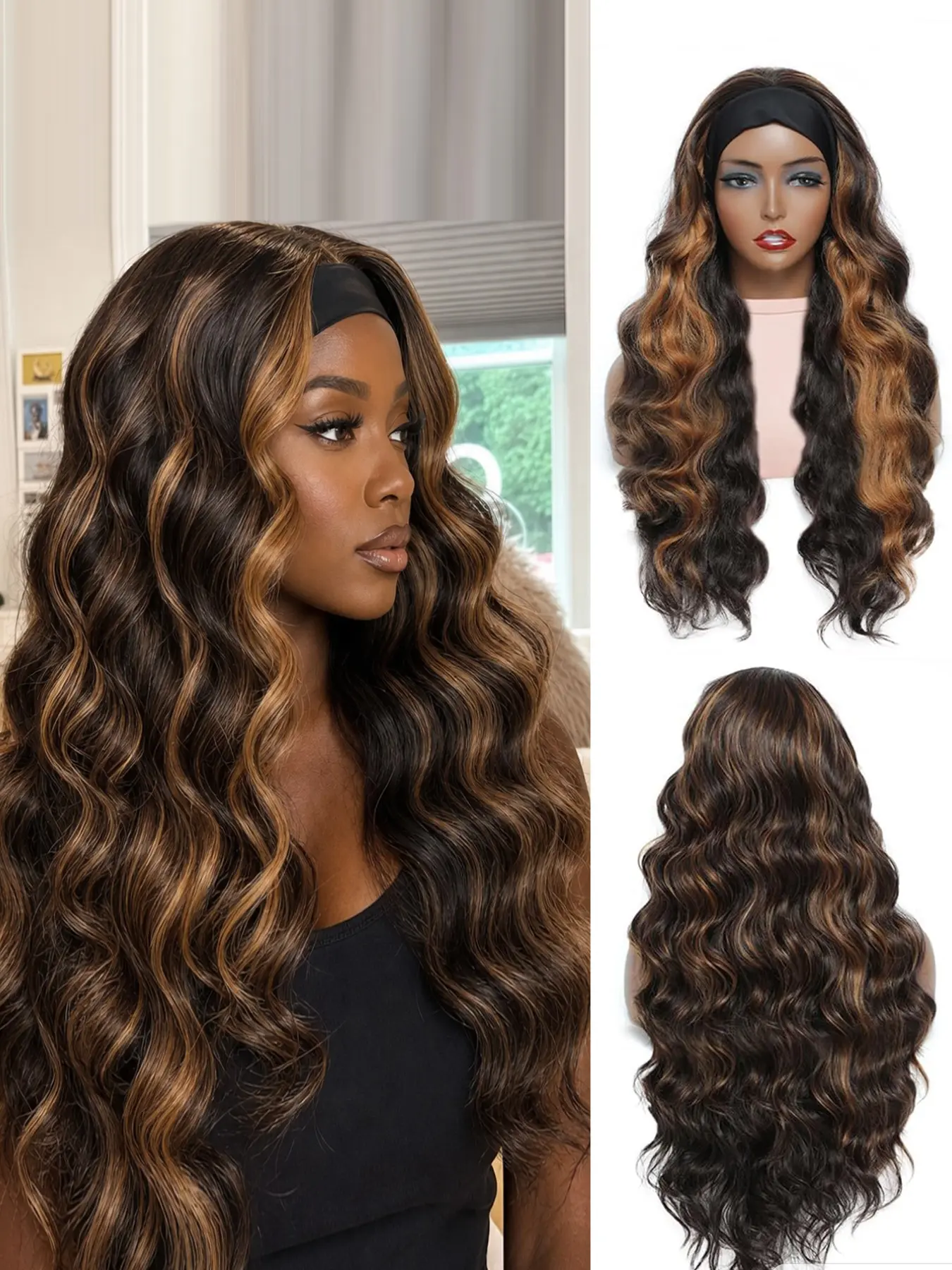 Elegant 26-Inch Long Wavy Headband Wig for Women, with Blonde Highlights, 200% Density, Easy to Wear Synthetic Wig for Daily & Party Wear, Deep Wavy Wigs