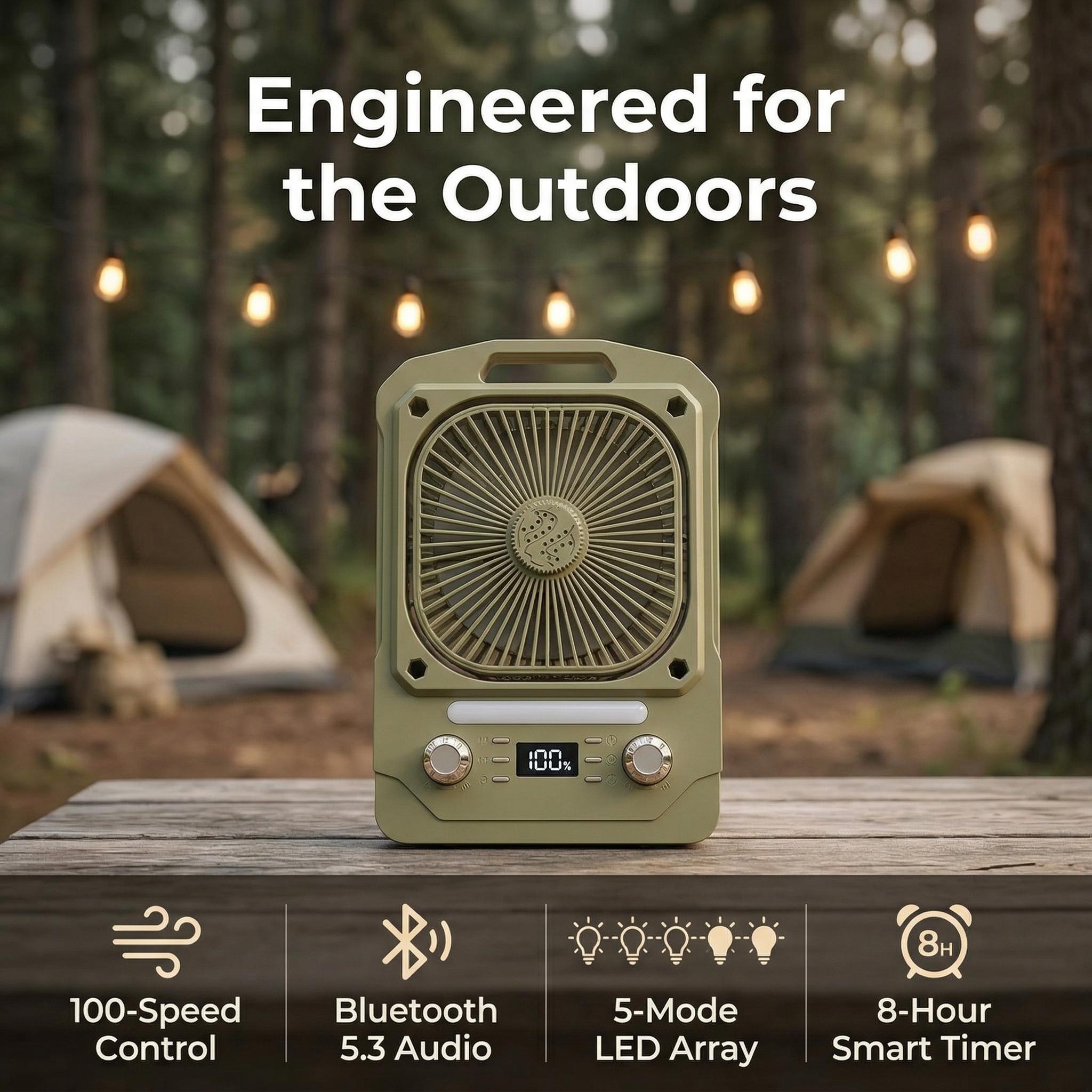 Fan + Speaker + Light in One Portable Camping Fan with 100 Speeds, Bluetooth Audio, SOS Light, Timer & Hanging Design