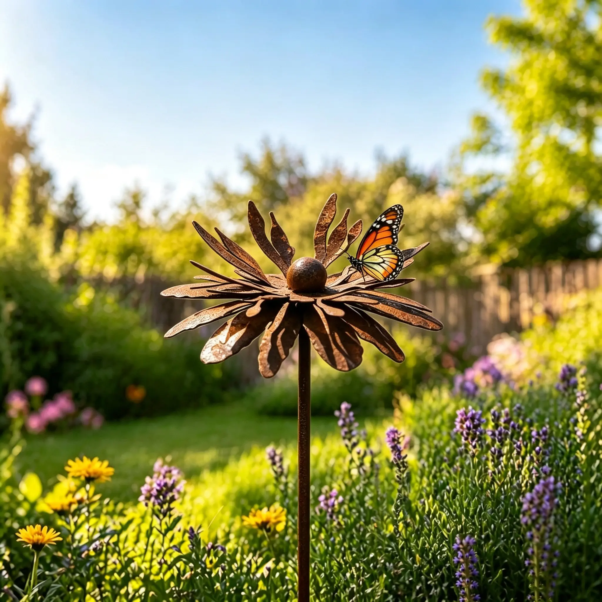 Vintage Rustic Bohemian Aesthetic Cornflower Garden Stake – Zero Upkeep Farmhouse Metal Flower Lawn Art, Distressed Wrought Iron Outdoor Yard Decor