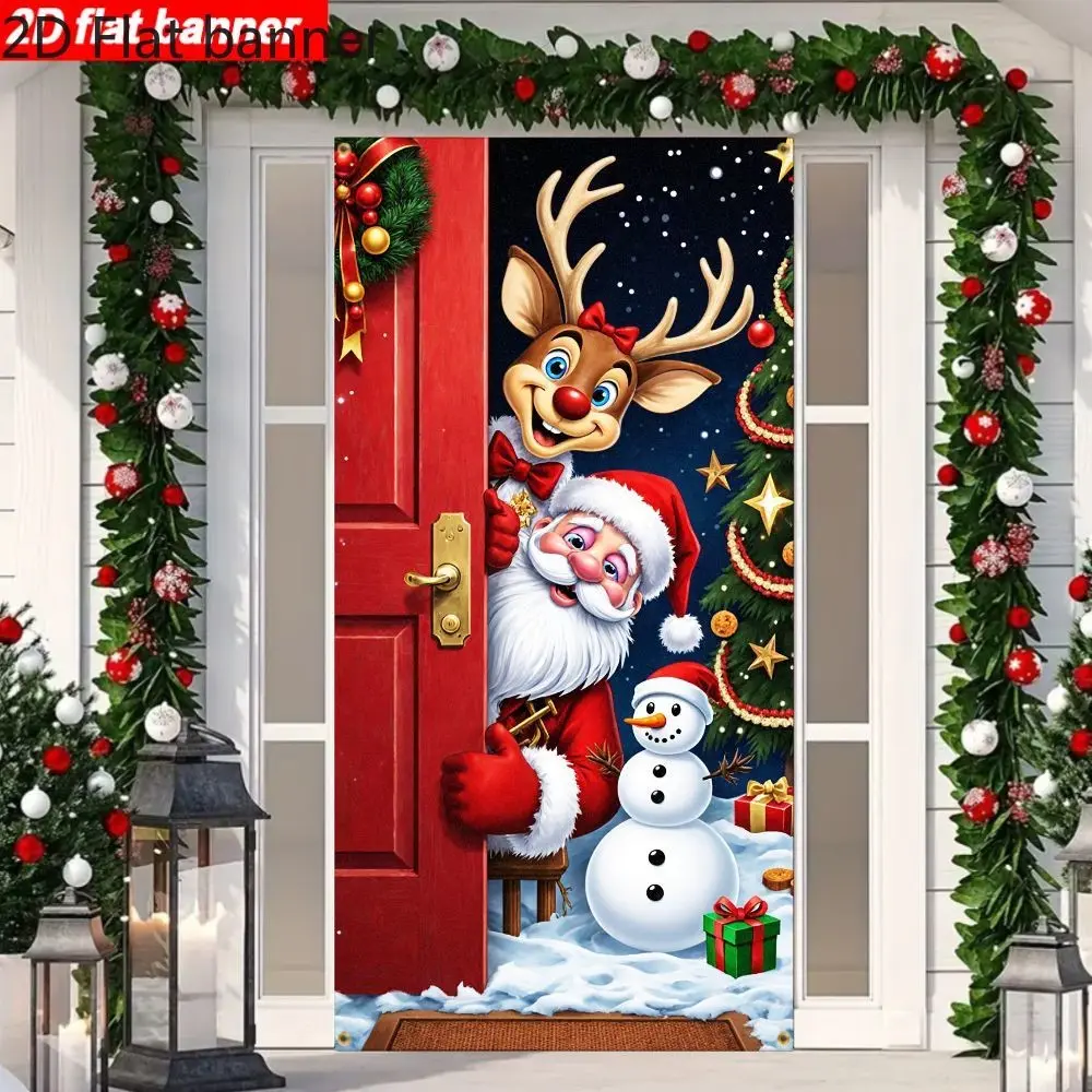 2D Flat Christmas Door Banner, Santa Reindeer Snowman Print, Polyester Material, Multiple Sizes, Holiday Party Photo Background