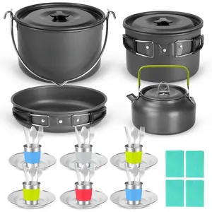 39pcs Camping Cookware Mess Kit, Non-Stick Large Size Hanging Pot Pan Kettle with Base Dinner Cutlery Sets  6 and More, Cups Dishes Forks Spoons Kit  Outdoor Camping Hiking Picnic