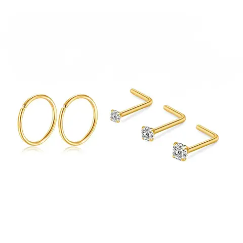 5 Pcs Stainless Steel Nose Rings Set, Nose Piercing Jewelry, Body Jewelry, Geometric Design, Hypoallergenic Jewelry for Men & Women, Silver Color, All Seasons Wear