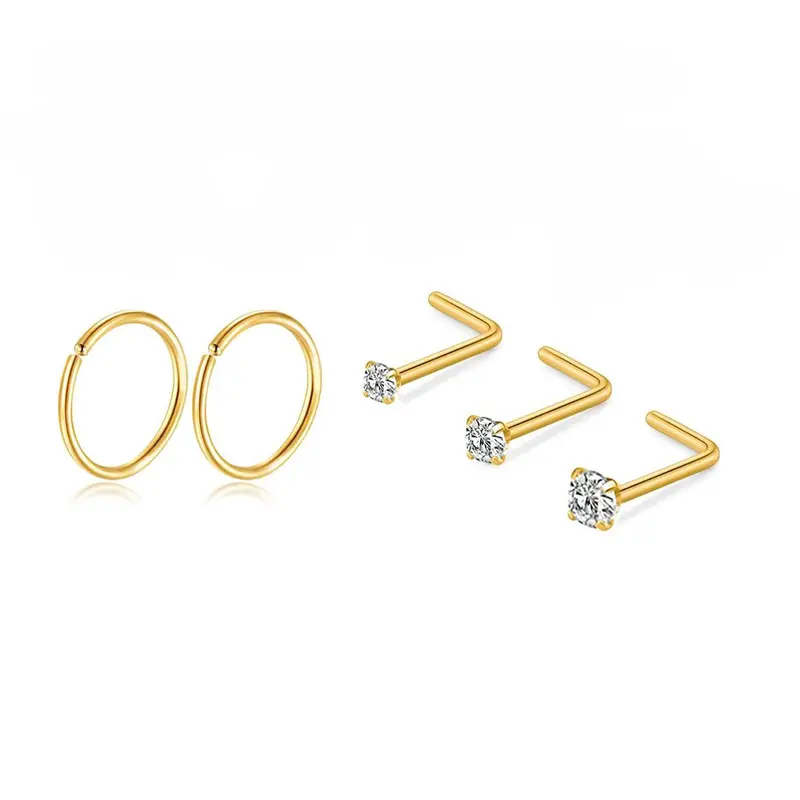 5 Pcs Stainless Steel Nose Rings Set, Nose Piercing Jewelry, Body Jewelry, Geometric Design, Hypoallergenic Jewelry for Men & Women, Silver Color, All Seasons Wear