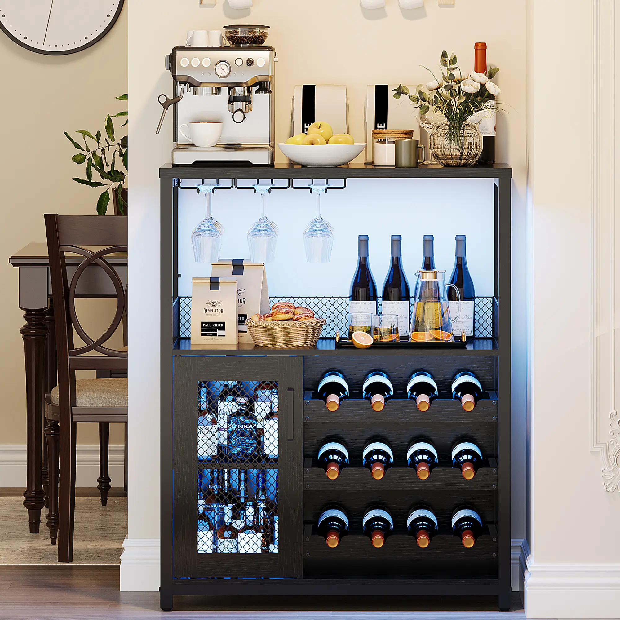 Modern 3-Tier Wine Bar Cabinet with LED Light, Liquor Rack & Glass Holder, Buffet Cupboards Sideboard Home Bar Unit, Decorative Compact Dining Room Furniture Modern Storage Cabinets with Mesh Doors
