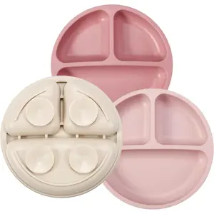 3 Pack Toddler Plates, Silicone Divided Suction Plate for Babies, BPA-Free 100% Food-Grade Silicone Unbreakable Baby Plate (Pink/Linen/Light Pink)