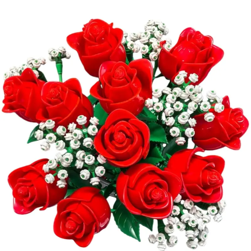 Rose Flower Arrangement Building Blocks, No Water Needed, Living Room Decor, Gift Idea, Includes Starry Leaves