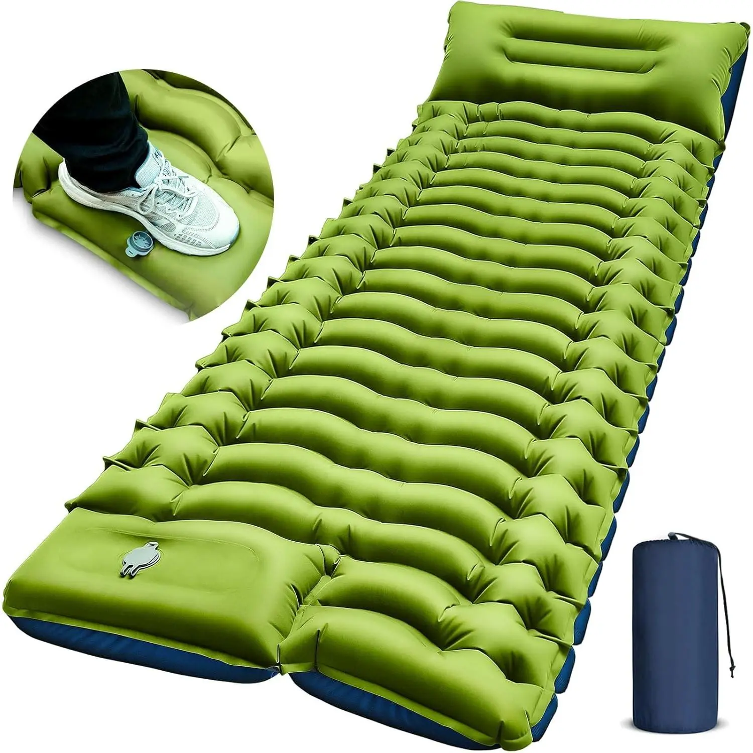 Camping Sleeping Pad, Ultralight Camping Mat with Pillow, Built-in Foot Pump Inflatable Sleeping Pads Comt for Camping Backking Hiking Traveling Tent,Single,Green