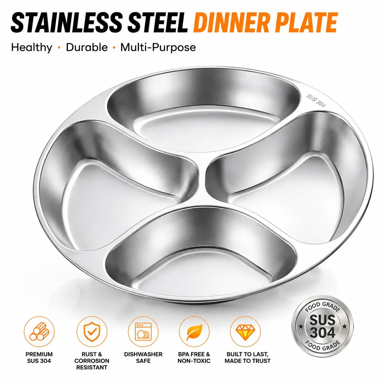 304 Stainless Steel Fast Food Tray, Adult Student Partitioned Lunch Box, Office Cafeteria Meal Tray, Durable and Practical Dining Bowl