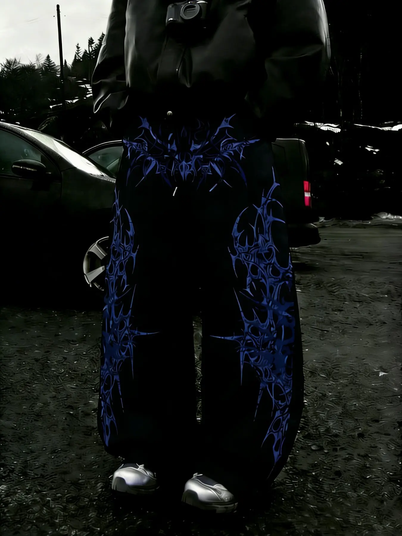 American Dark Death Metal Style Tattoo Totem Wide Leg Pants, Subculture Punk High Street Loose Fit Long Pants, Men's Sweatpants