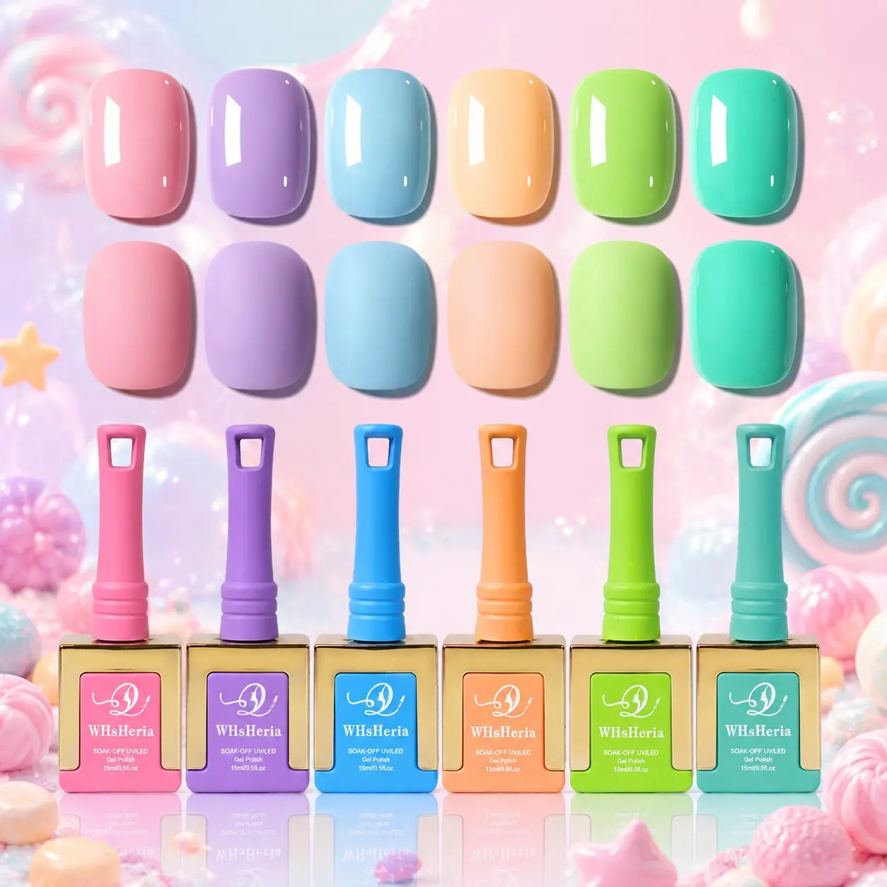 WHSHERIA Macaron Pastel Gel Nail Polish Set, Soft Candy Color Collection with Pink, Yellow, Purple, Blue & Green Shades, UV LED Soak Off Gel Polish Kit, Smooth Easy Application, Glossy Long Lasting Finish for Salon & DIY Manicure