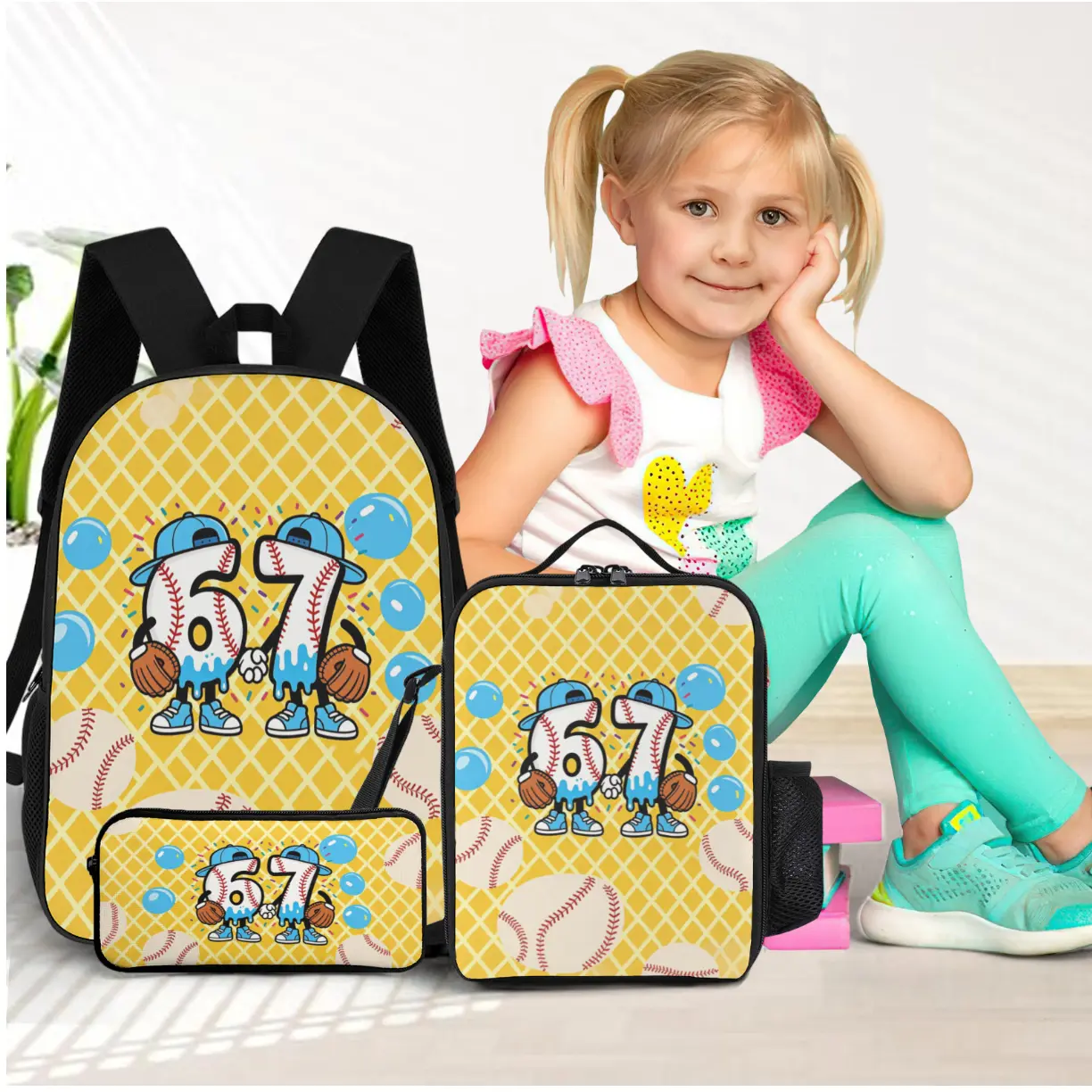 Baseball 67, backpack set, backpack, lunch box, pencil case, essential three piece set for back to school season