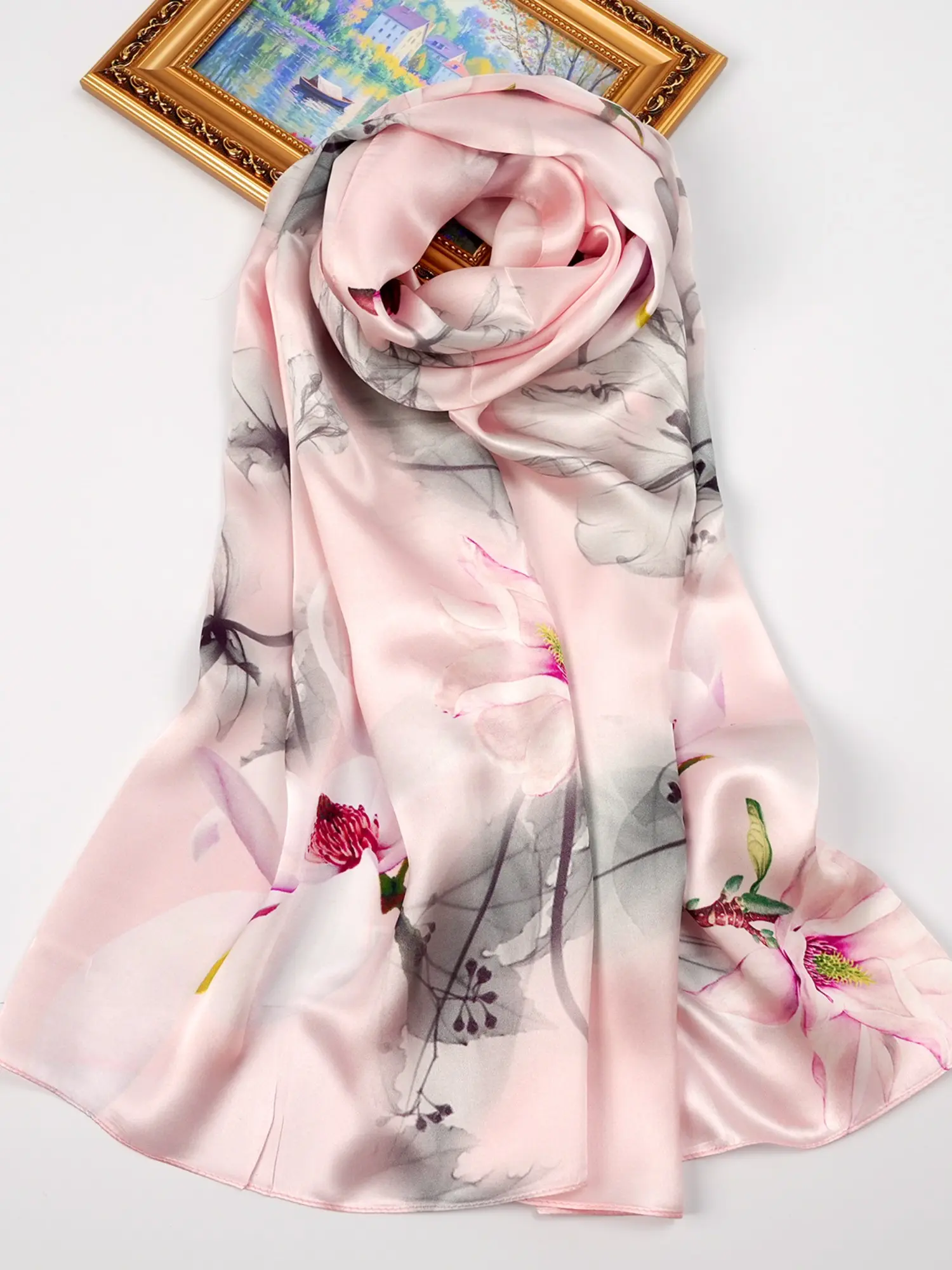 Elegant Floral Silk Scarf, Gradient, 100% Mulberry Silk, Lightweight & Breathable, Perfect for All Seasons, Ideal Gift