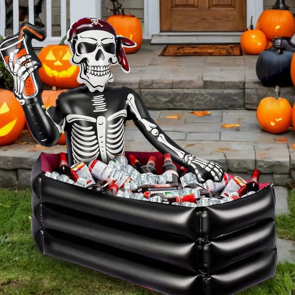 Halloween PVC Inflatable Skull Ice Bucket, Festival Party Garden Decoration, Inflatable Cooler for Halloween Celebrations