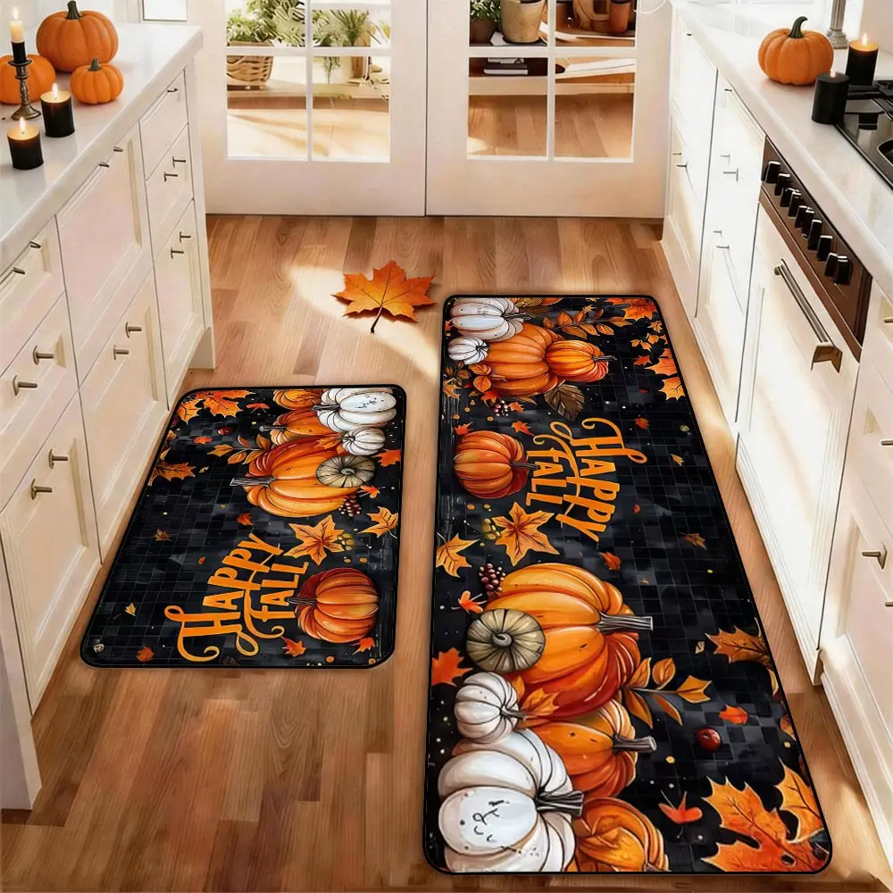 2pcs Thanksgiving Fall Kitchen Mat Gug Set with Pumpkin Maple leaves Pattern, Non-Slip Soft Low Profile,Floor Mat Set Farmhouse Kitchen Rug Dining Room Flooring Laundry Room Decor Carpet Mat, Decorative Rug Mat, Kitchen Mat Sets, Kitchen Floor Mats