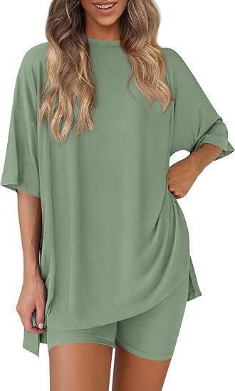 Women's 2-Piece Shorts Set Oversized T-Shirt with Side Splits and High Waist Shorts - Comfy Solid Lounge and Workout Outfit, XS-4XL