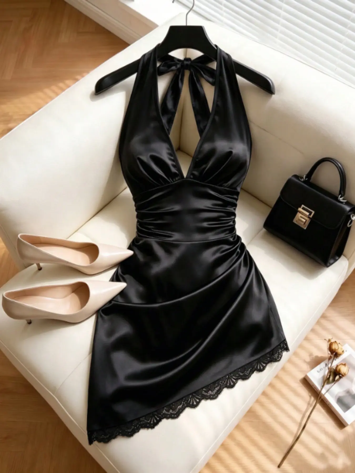 Sexy Deep V Neck Strap Dress, Ruched Waist Lace Trim Bodycon Pencil Gown, Elegant Party Evening Wear, Trendy Fashionable