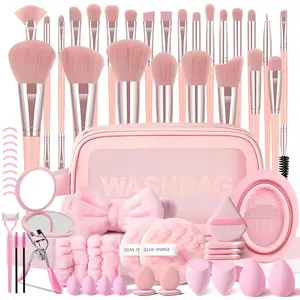 63-Piece Pink Makeup Brush Kit, 25pcs Multifunctional Brushes with Storage Bag, Makeup Sponges, Puffs, Eye Makeup Tools, Headband & Wristbands, Mirror, Makeup Brush Cleaner Bowl, Cleaning Sponge, For Daily Makeup Use
